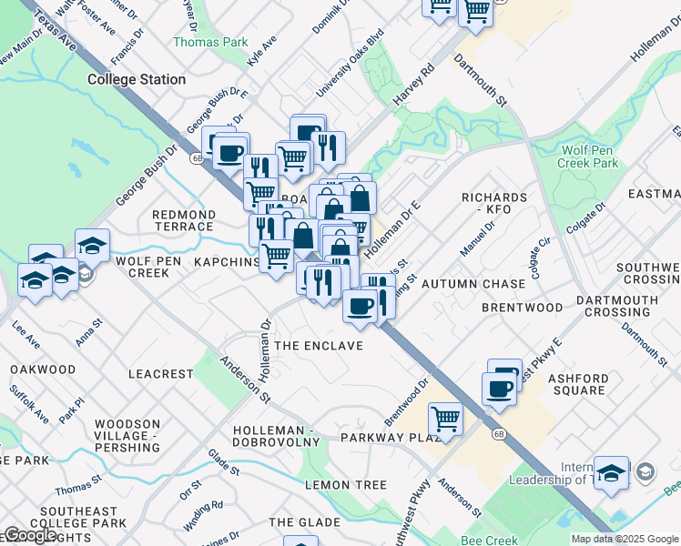 map of restaurants, bars, coffee shops, grocery stores, and more near 1925 Texas Avenue South in College Station