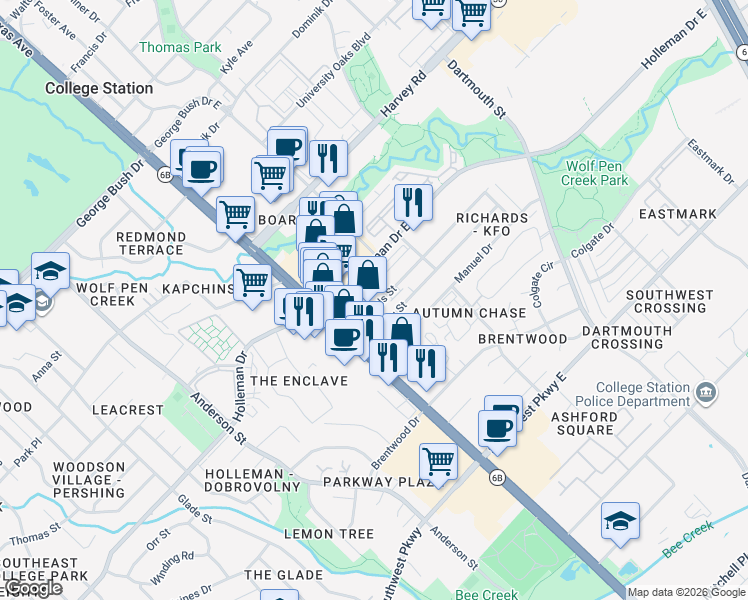 map of restaurants, bars, coffee shops, grocery stores, and more near 119 Richards Street in College Station