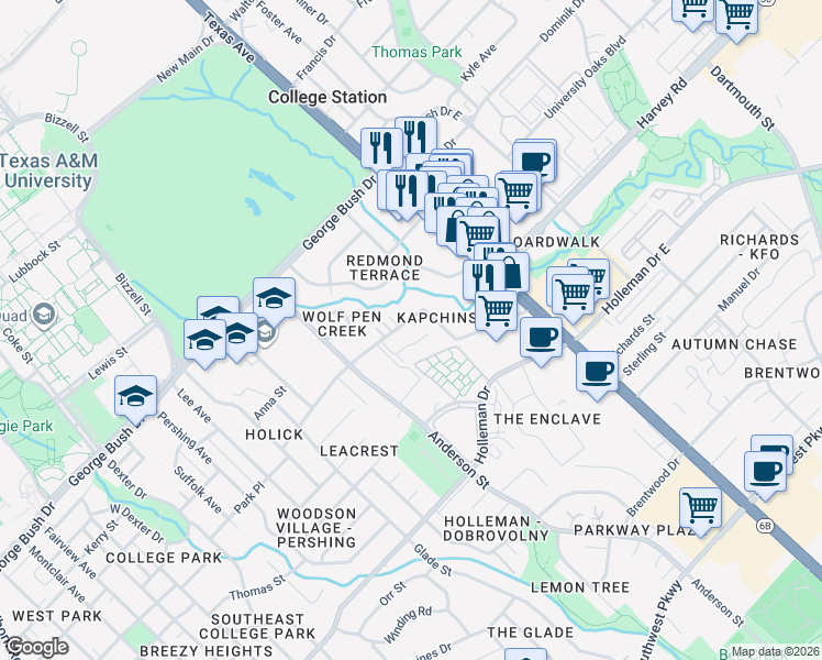 map of restaurants, bars, coffee shops, grocery stores, and more near 1612 Park Place in College Station
