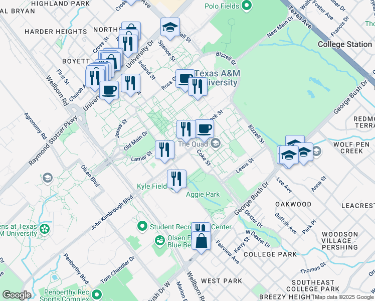 map of restaurants, bars, coffee shops, grocery stores, and more near 401 Joe Routt Boulevard in College Station