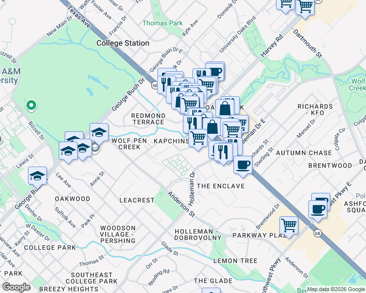 map of restaurants, bars, coffee shops, grocery stores, and more near 1707 Park Place in College Station
