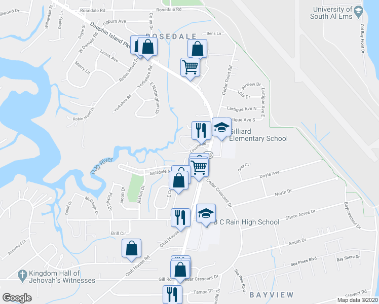 map of restaurants, bars, coffee shops, grocery stores, and more near 1646 Levene Road in Mobile