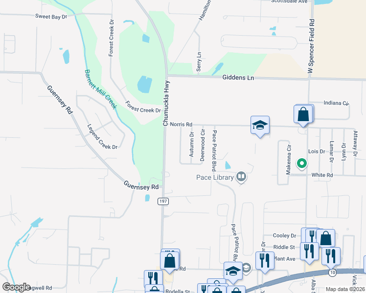 map of restaurants, bars, coffee shops, grocery stores, and more near 3920 Deerwood Circle in Pace