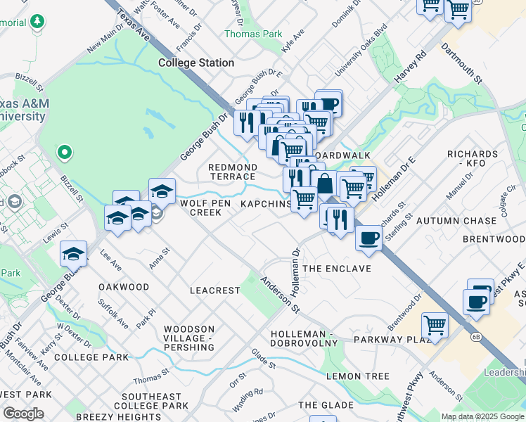 map of restaurants, bars, coffee shops, grocery stores, and more near 1720 Boardwalk Court in College Station