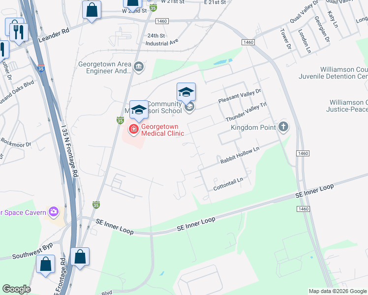 map of restaurants, bars, coffee shops, grocery stores, and more near 114 Mourning Dove Lane in Georgetown