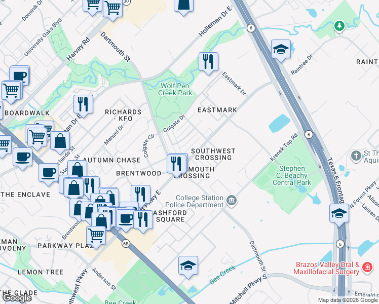 map of restaurants, bars, coffee shops, grocery stores, and more near 808 Azalea Court in College Station