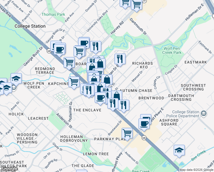 map of restaurants, bars, coffee shops, grocery stores, and more near 119 Richards Street in College Station