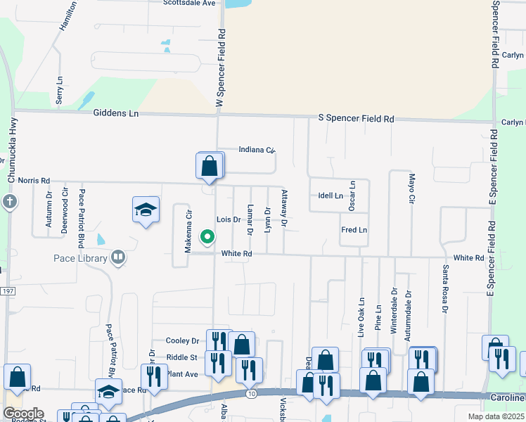 map of restaurants, bars, coffee shops, grocery stores, and more near 4833 Lynn Drive in Pace