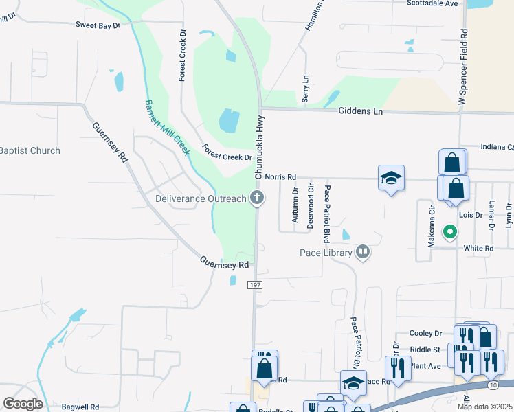 map of restaurants, bars, coffee shops, grocery stores, and more near 4663 Chumuckla Highway in Milton
