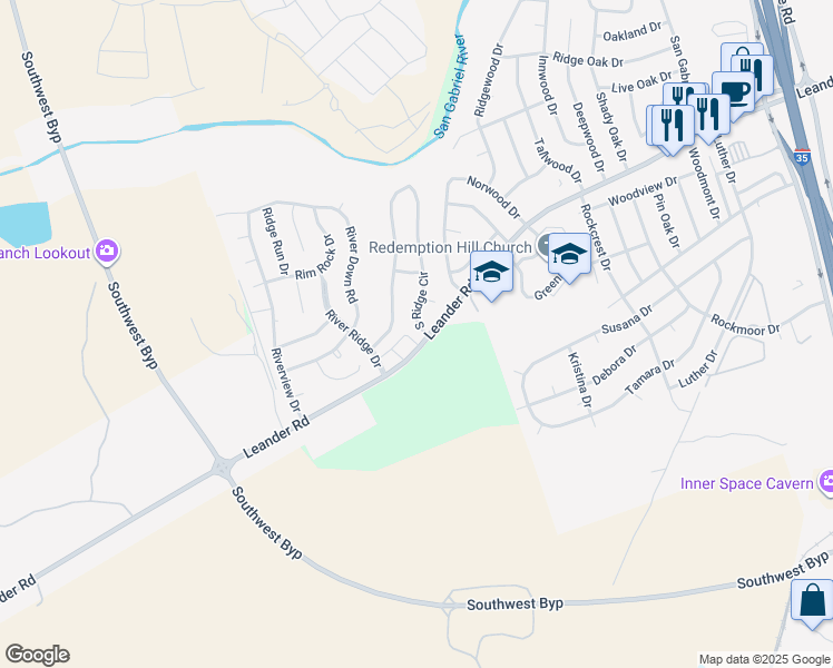 map of restaurants, bars, coffee shops, grocery stores, and more near 101 South Ridge Circle in Georgetown