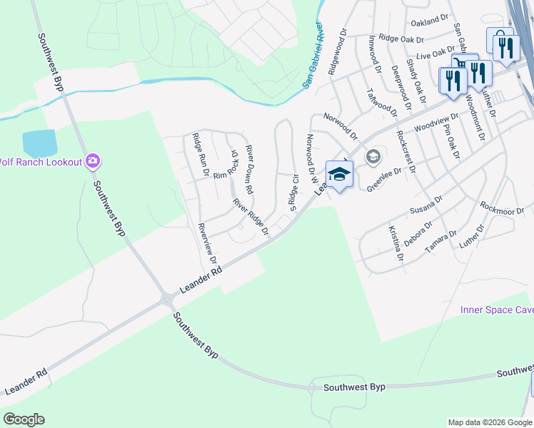 map of restaurants, bars, coffee shops, grocery stores, and more near 414 South Ridge Circle in Georgetown