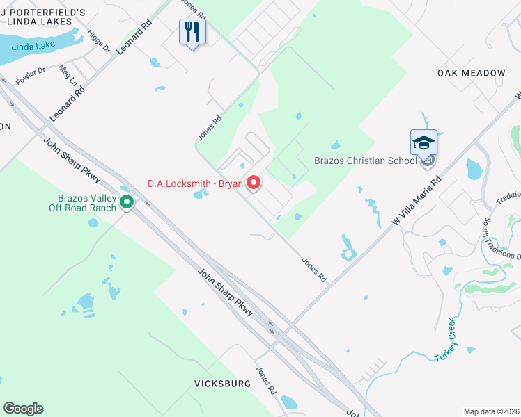 map of restaurants, bars, coffee shops, grocery stores, and more near 6123 Jones Road in Bryan