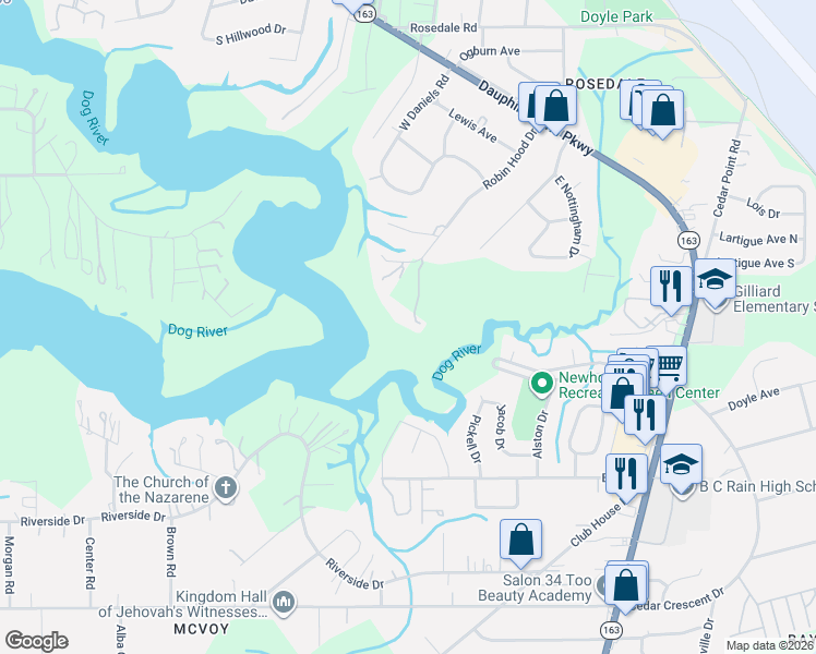 map of restaurants, bars, coffee shops, grocery stores, and more near 2640 Robin Hood Drive in Mobile