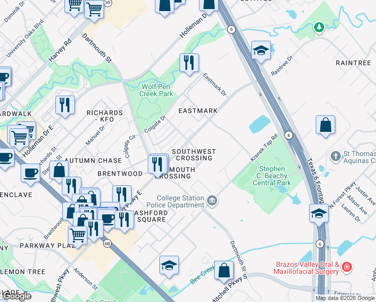 map of restaurants, bars, coffee shops, grocery stores, and more near 2507 Hickory Drive in College Station