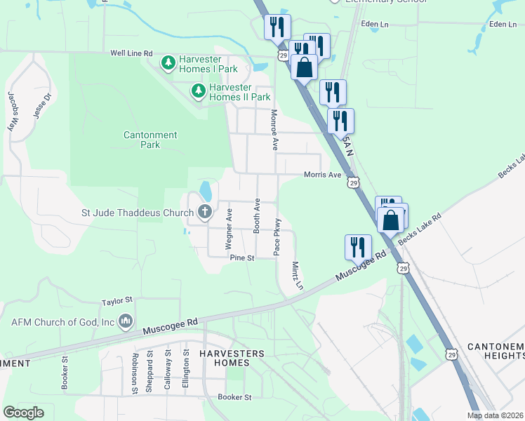 map of restaurants, bars, coffee shops, grocery stores, and more near 310 Booth Ave in Cantonment