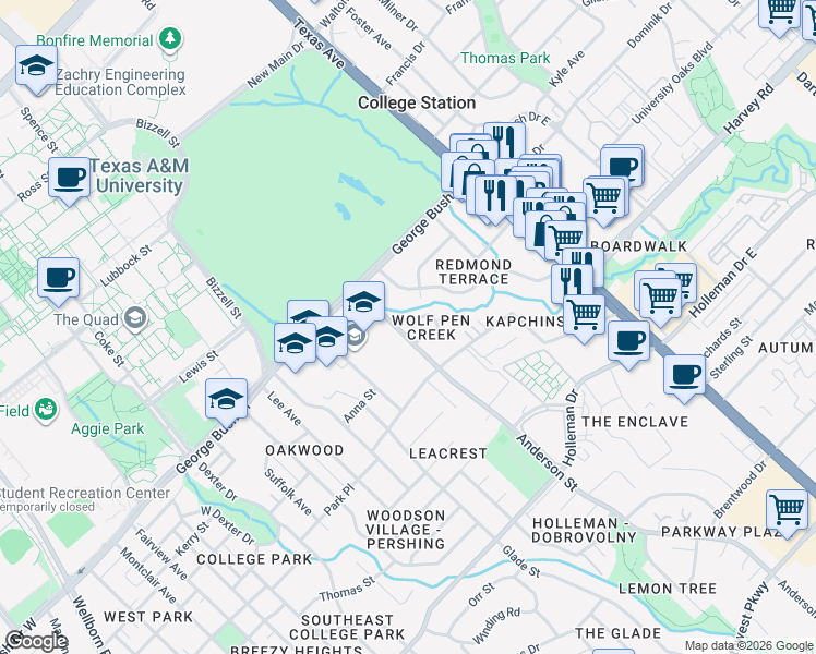 map of restaurants, bars, coffee shops, grocery stores, and more near 1504 Wolf Run in College Station