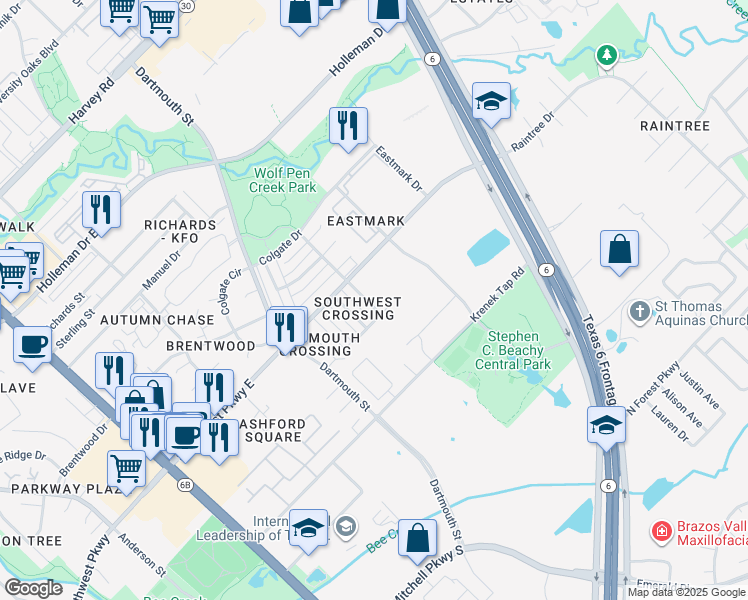 map of restaurants, bars, coffee shops, grocery stores, and more near 2523 Cypress Drive in College Station