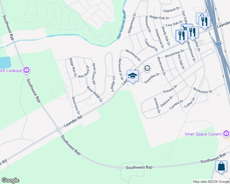 map of restaurants, bars, coffee shops, grocery stores, and more near 101 South Ridge Circle in Georgetown