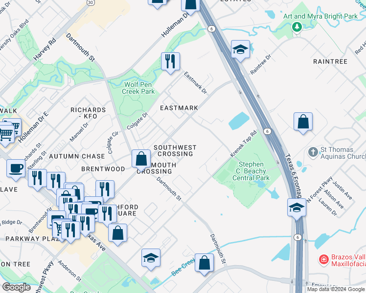 map of restaurants, bars, coffee shops, grocery stores, and more near 2521 Cypress Drive in College Station