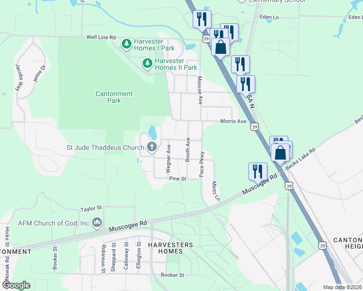 map of restaurants, bars, coffee shops, grocery stores, and more near 310 Booth Avenue in Cantonment