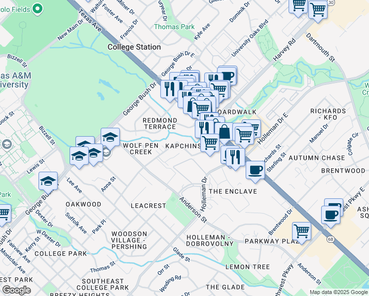 map of restaurants, bars, coffee shops, grocery stores, and more near 1629 Park Place in College Station