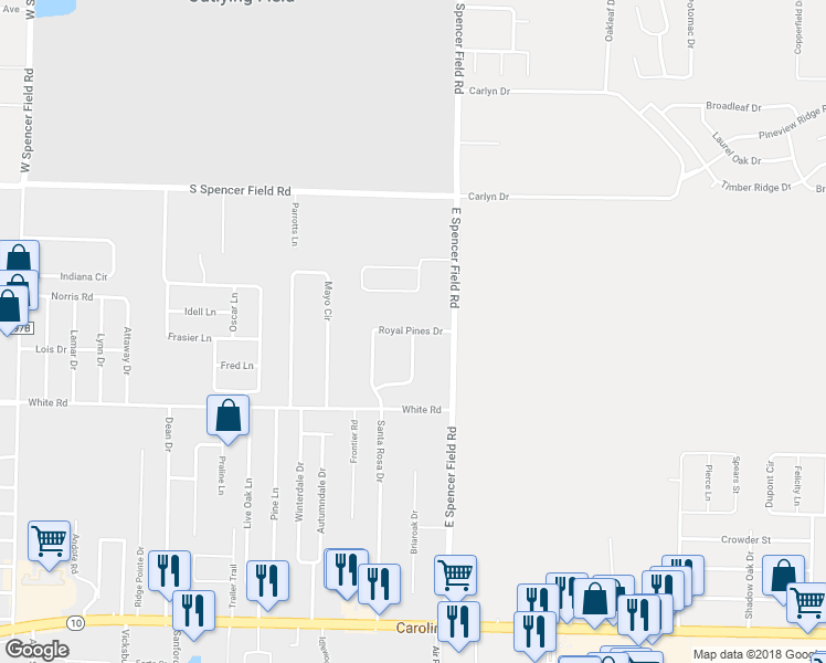 map of restaurants, bars, coffee shops, grocery stores, and more near 221 Royal Pines Drive in Pace