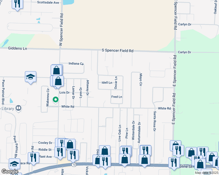 map of restaurants, bars, coffee shops, grocery stores, and more near 4294 Frasier Lane in Pace
