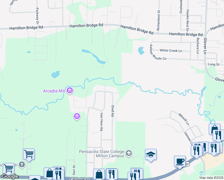 map of restaurants, bars, coffee shops, grocery stores, and more near 4884 Shell Road in Milton