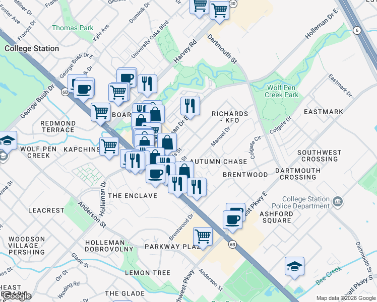 map of restaurants, bars, coffee shops, grocery stores, and more near 117 Sterling Street in College Station