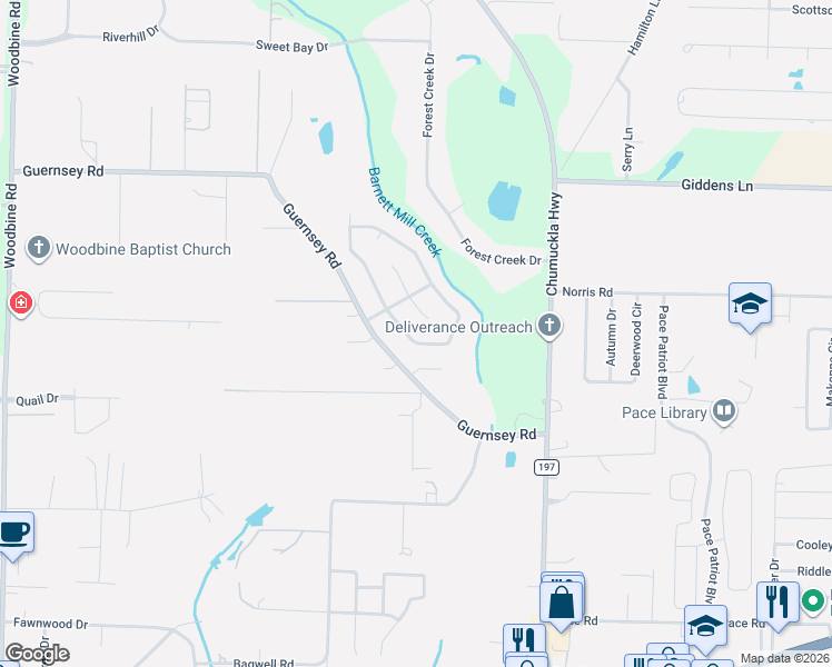 map of restaurants, bars, coffee shops, grocery stores, and more near 3905 Legend Creek Drive in Pace
