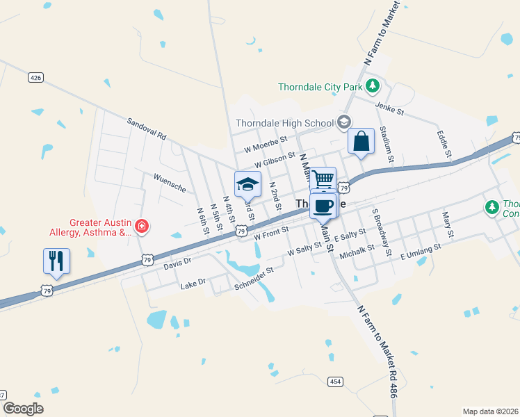 map of restaurants, bars, coffee shops, grocery stores, and more near 303 Quinn Street in Thorndale