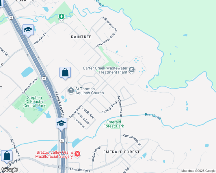 map of restaurants, bars, coffee shops, grocery stores, and more near 8301 Shadow Oaks in College Station