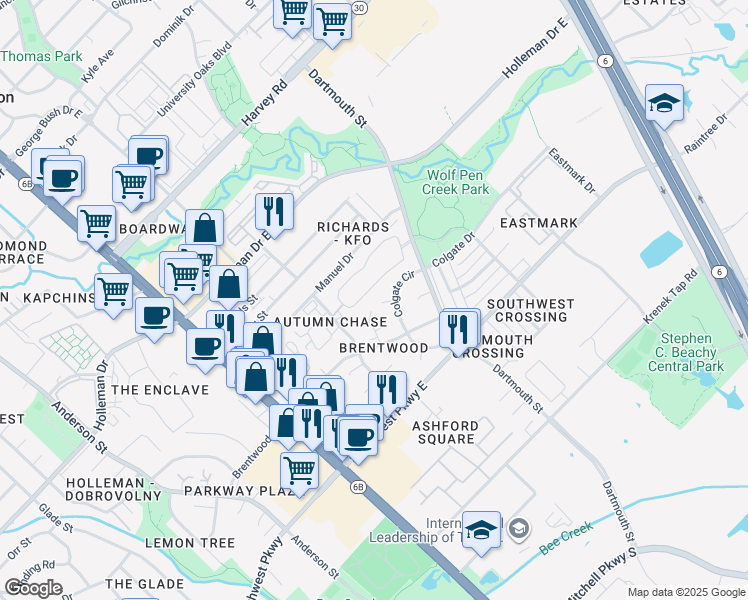 map of restaurants, bars, coffee shops, grocery stores, and more near 401 Princeton Circle in College Station