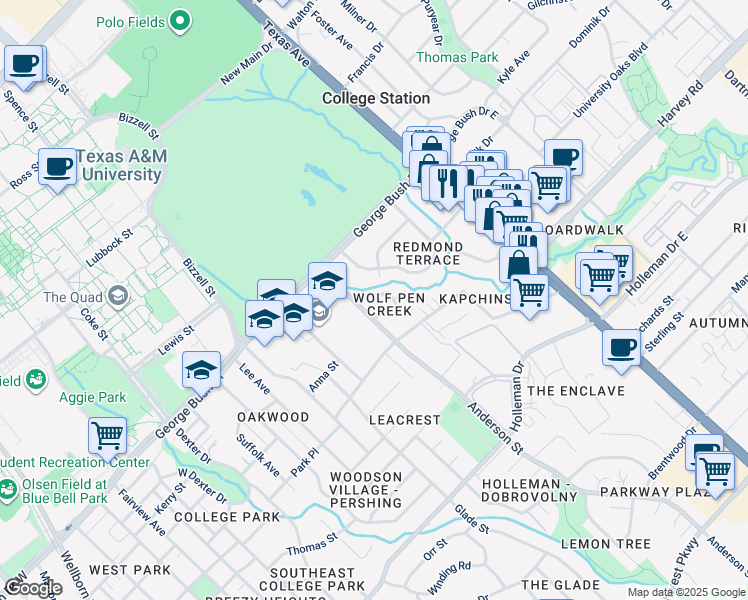 map of restaurants, bars, coffee shops, grocery stores, and more near 1510 Wolf Run in College Station