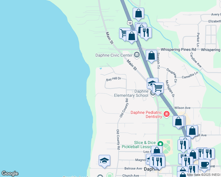 map of restaurants, bars, coffee shops, grocery stores, and more near 322 Bay Hill Drive in Daphne