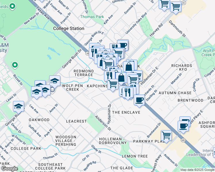 map of restaurants, bars, coffee shops, grocery stores, and more near 1707 Park Place in College Station