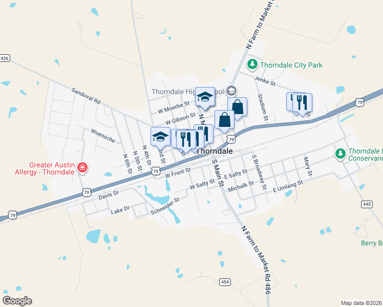 map of restaurants, bars, coffee shops, grocery stores, and more near 210 U.S. 79 in Thorndale