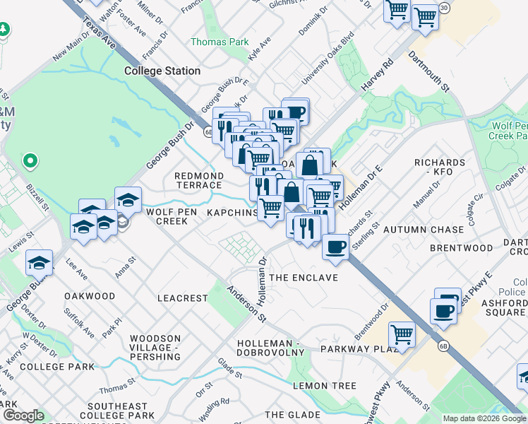 map of restaurants, bars, coffee shops, grocery stores, and more near 1707 Park Place in College Station