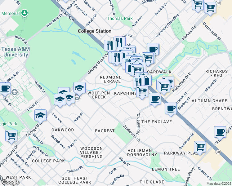 map of restaurants, bars, coffee shops, grocery stores, and more near 1613 Park Place in College Station
