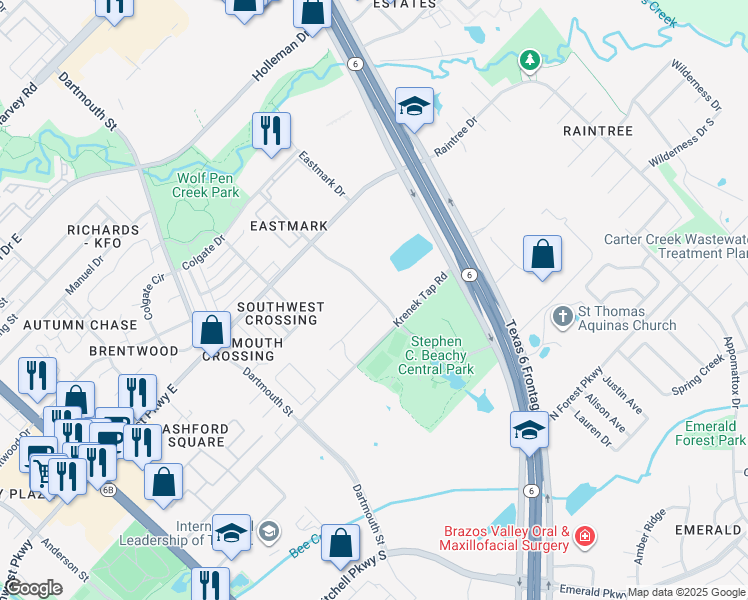 map of restaurants, bars, coffee shops, grocery stores, and more near 3101 Central Park Lane in College Station