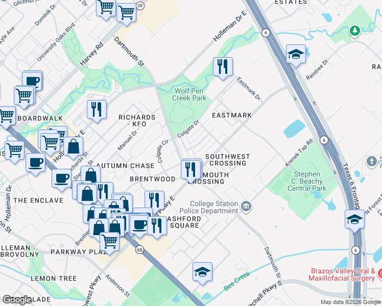 map of restaurants, bars, coffee shops, grocery stores, and more near 2402 Carnation Court in College Station