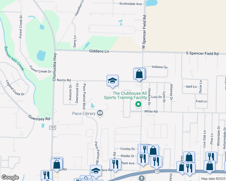 map of restaurants, bars, coffee shops, grocery stores, and more near 4065 Norris Road in Pace