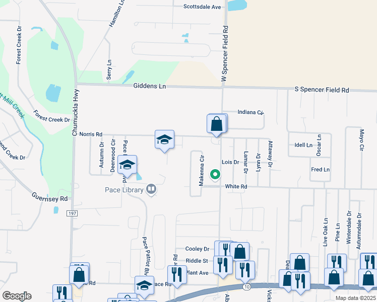 map of restaurants, bars, coffee shops, grocery stores, and more near 4892 Makenna Circle in Pace