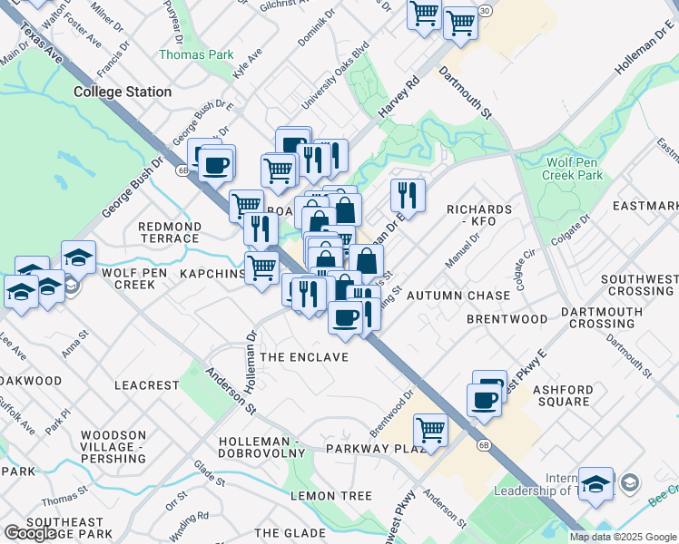 map of restaurants, bars, coffee shops, grocery stores, and more near 201 Holleman Drive East in College Station