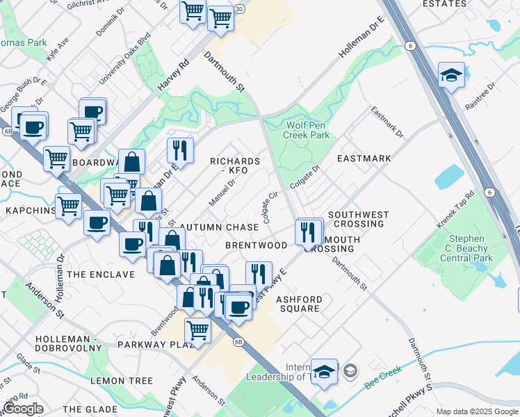 map of restaurants, bars, coffee shops, grocery stores, and more near 401 Princeton Circle in College Station