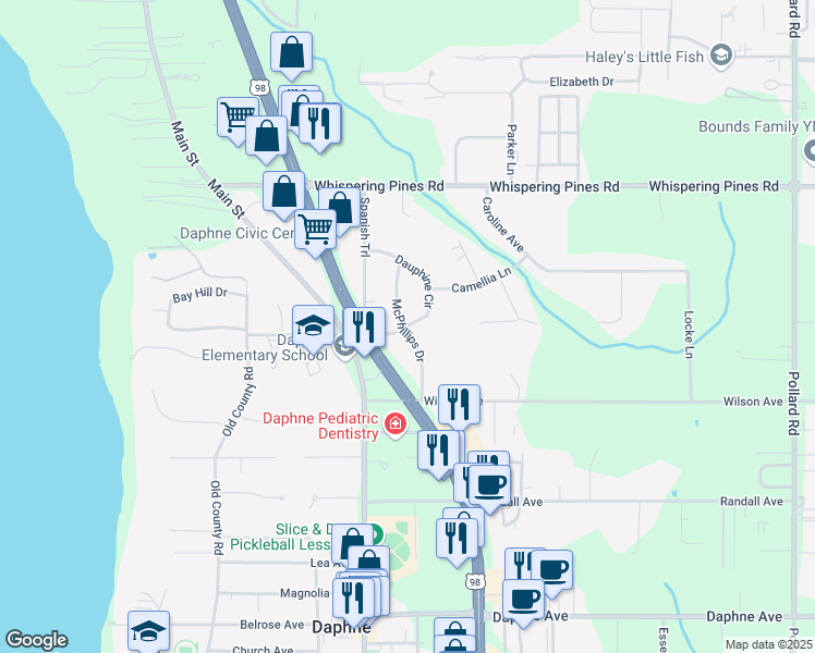 map of restaurants, bars, coffee shops, grocery stores, and more near Dauphine Circle in Daphne