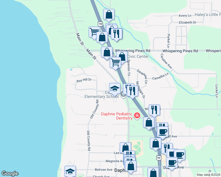 map of restaurants, bars, coffee shops, grocery stores, and more near 501 Cedar Circle in Daphne