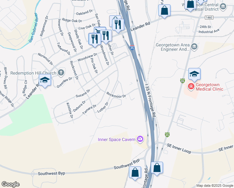 map of restaurants, bars, coffee shops, grocery stores, and more near 808 Rockmoor Drive in Georgetown