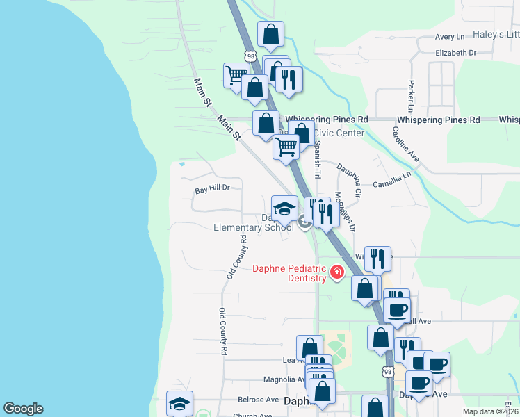 map of restaurants, bars, coffee shops, grocery stores, and more near 501 Cedar Circle in Daphne