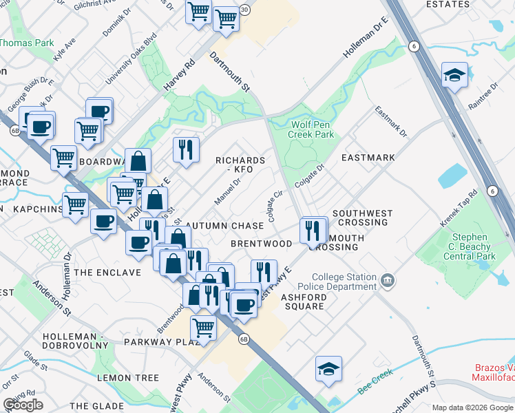 map of restaurants, bars, coffee shops, grocery stores, and more near 401 Princeton Circle in College Station